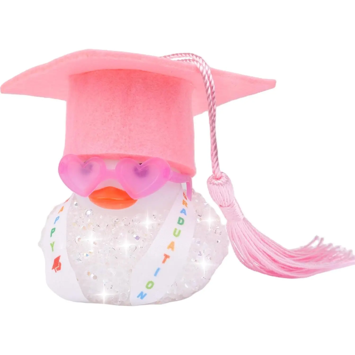 Graduation  Rubber Duck  Ornaments, Bling Rhinestones Duck  Dashboard Decorations for Graduation  with Mini Sunglasses Graduate Hat and Sash(2.4in)