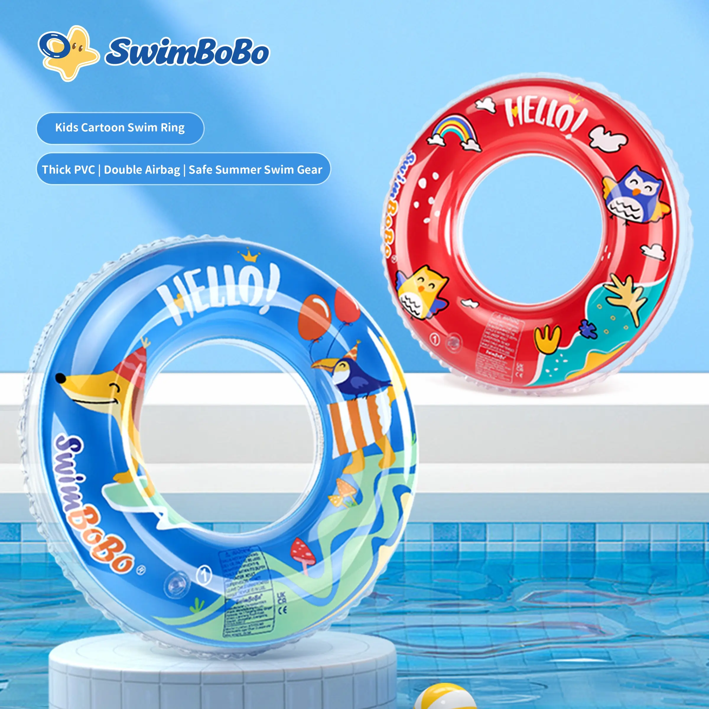 Swimbobo Kids Dual Air Cushion Swim Ring, Inflatable Floater, 6+ Years Anti-Tip Safety Float, Thick PVC with Leak-Proof Valve, Cute Cartoon Dog & Animal Design