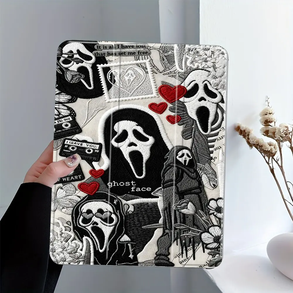 Terrifying Ghost Face Print iPad Case, Tablet Cover With Pencil Slot, Embroidery Protective Cover with Trifold Stand, Auto Wake/Sleep, Transparent Acrylic Hard Back, Shockproof Full Cover, Fits 7.9/8.3/10.2/10.5/10.9/11/12.9 Inch, Idea Gift