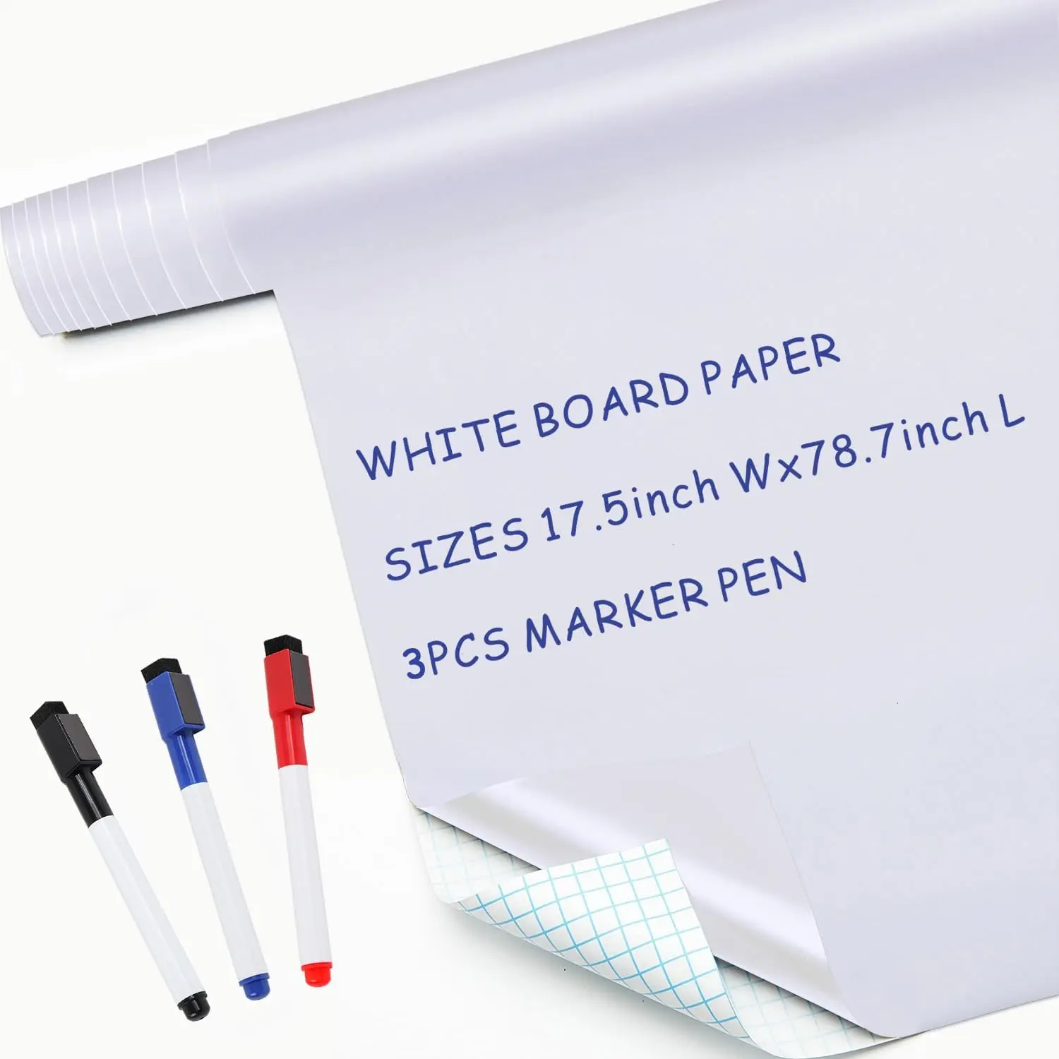 White Board Paper - 17.3” x 78.7” (6.5 ) - Self-Adhesive Dry Erase Board Sheet Sticker Removable Wall  for , Office, School &  with 3 count Marker Pen