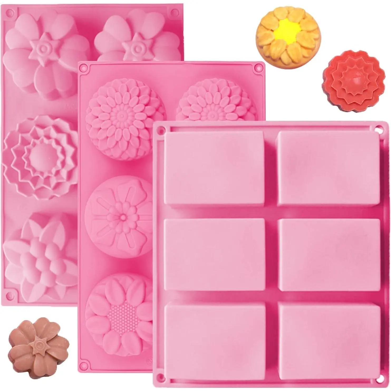 3-Pack Flexible Flower Shapes Soap Molds - 6 Cavities with Rectangle Supplies for Homemade Soap Crafting