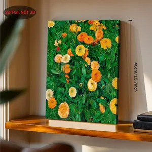 2D flat painting, single piece, 2D flat framed canvas oil painting, marigold theme, Kolmann Moze style, vintage floral painting, orange-yellow tones, high-quality art print, square floral decorative painting, marigold-themed oil painting, holiday gift, ex