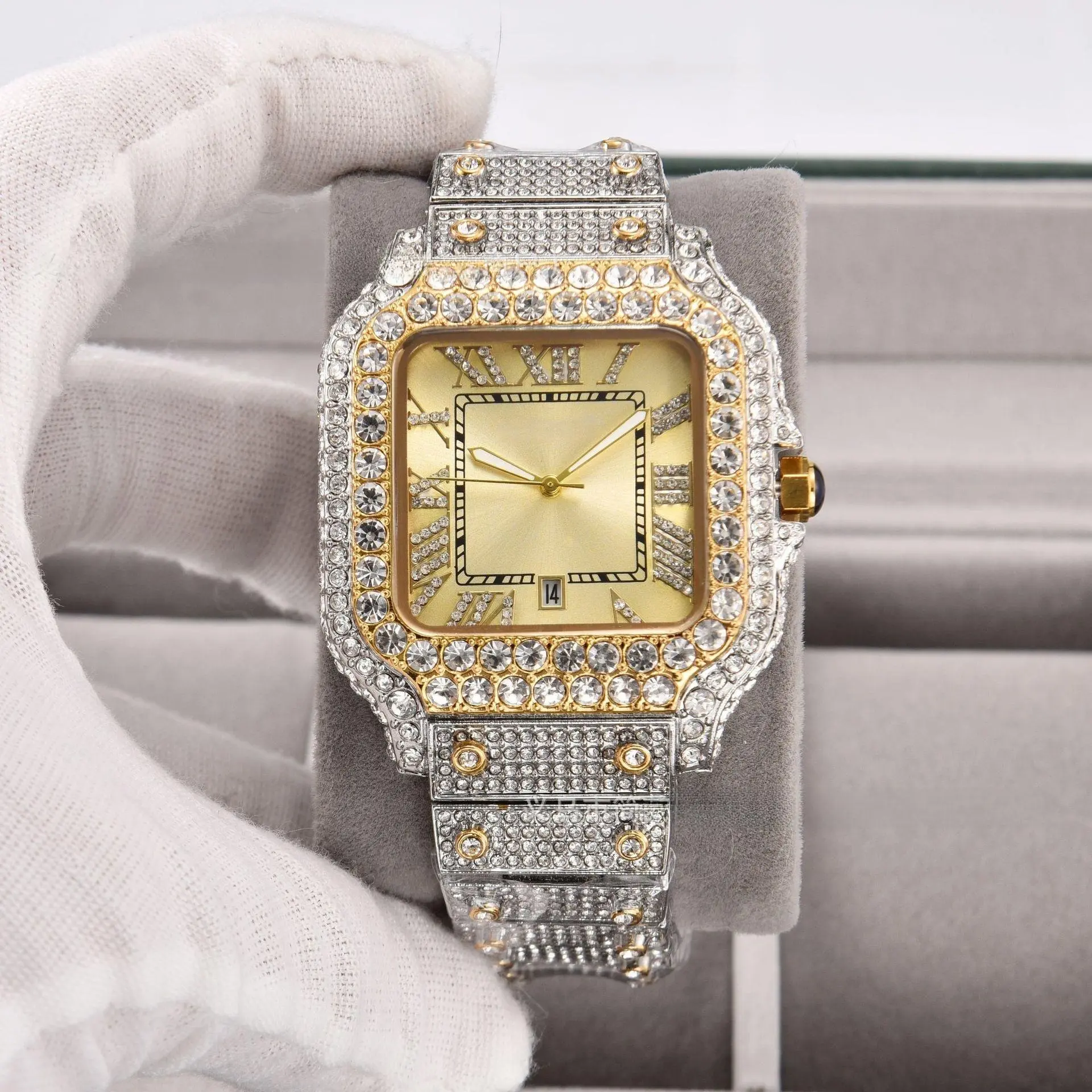 Men Bust‑Down Full Diamond Square Wristwatch Roman Time‑Display Luxury Bling Hip‑Hop Quartz Watch With Calendar