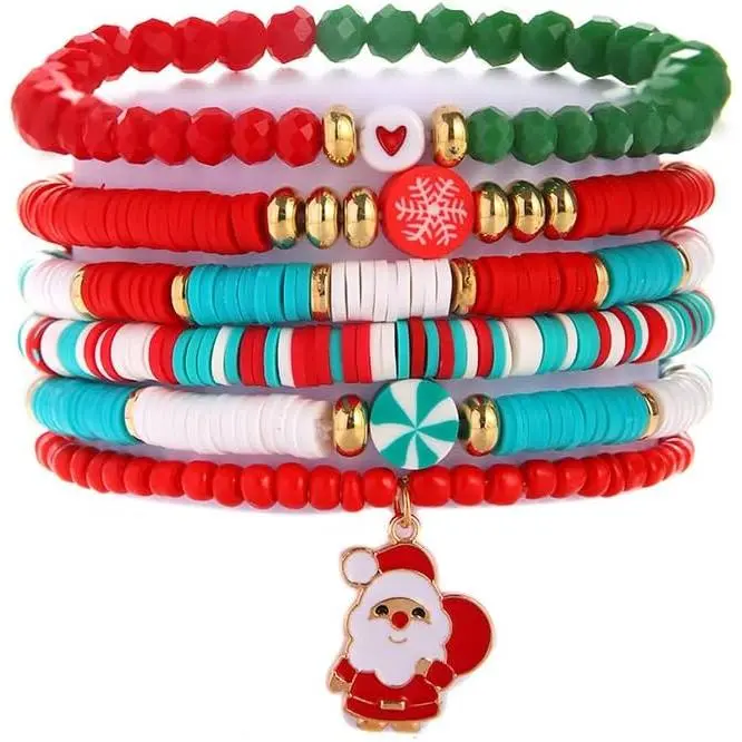 Xmas Bracelets Set for Women Teen Girls Polymer Clay Bead Stackable Stretch Bracelets as Party Gifts Heishi Surfer Holidays Christmas Charms Friendship
