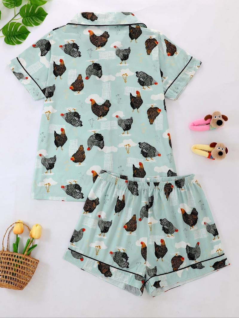 Women's Summer Cool Short Sleeve Sleepwear Set, 2 Piece Button Front Top and Elastic Shorts, Cartoon Chicken Print, All Seasons Comfortable Fit