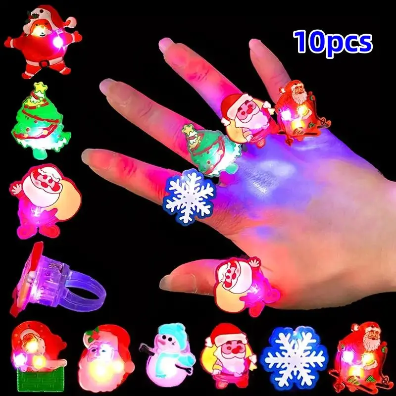 LED Light Up Christmas Santa Claus Design Ring, 10pcs/set Colorful Glow in The Dark Ring, Funny Party Decoration Supplies Goodie Bag Fillers for Boys & Girls