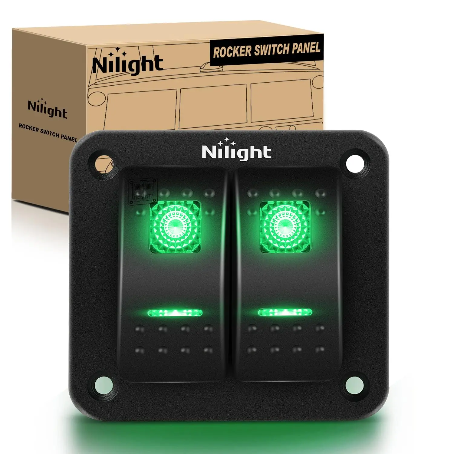 Nilight 2-Gang Aluminum Rocker Switch Panel - 12V-24V DC, Green 5-Pin Pre-Wired Waterproof Toggle Switches, Heat-Resistant PC Build, Screw-Included for Cars, Boats, ATVs