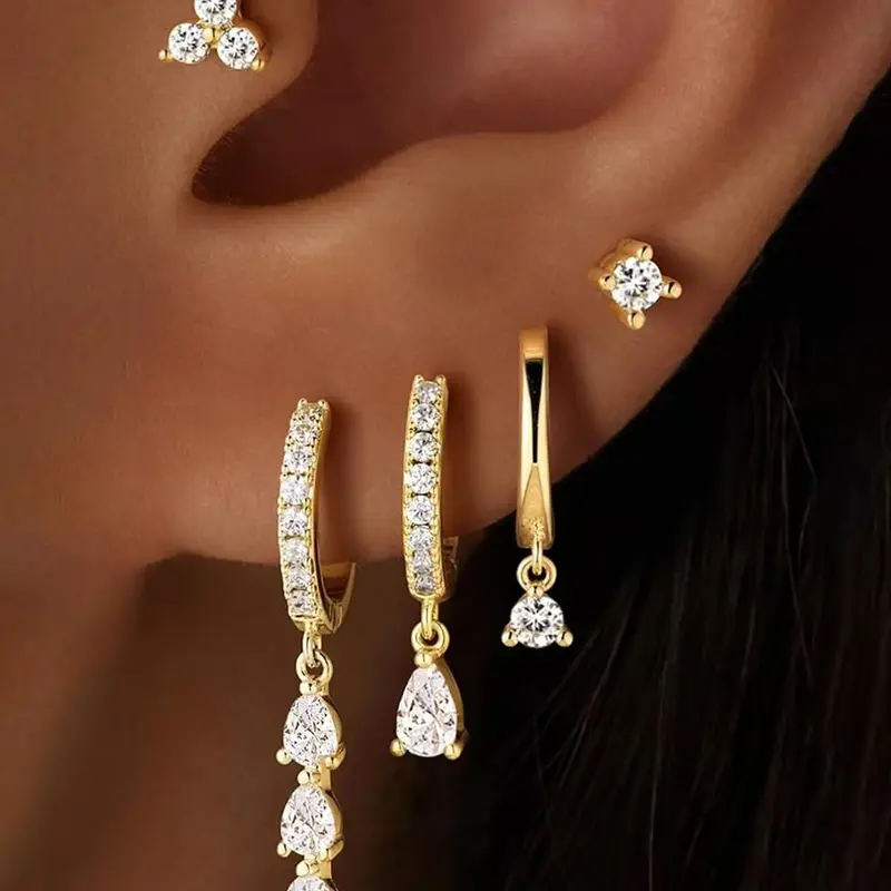 Gold Dangle Earrings Set for Women, Stackable Earrings Hypoallergenic 14K Real Gold Plated Drop Dangling Earrings Stack Dainty CZ hoop Earring Flat Back Stud Cartilage Earring Jewelry Gifts for Women
