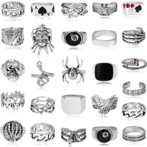 26 Pcs Vintage Silver Punk Rings Set for Men Cool Gothic Chunky Rings Statement Snake Wing Signet Ring SetGift.