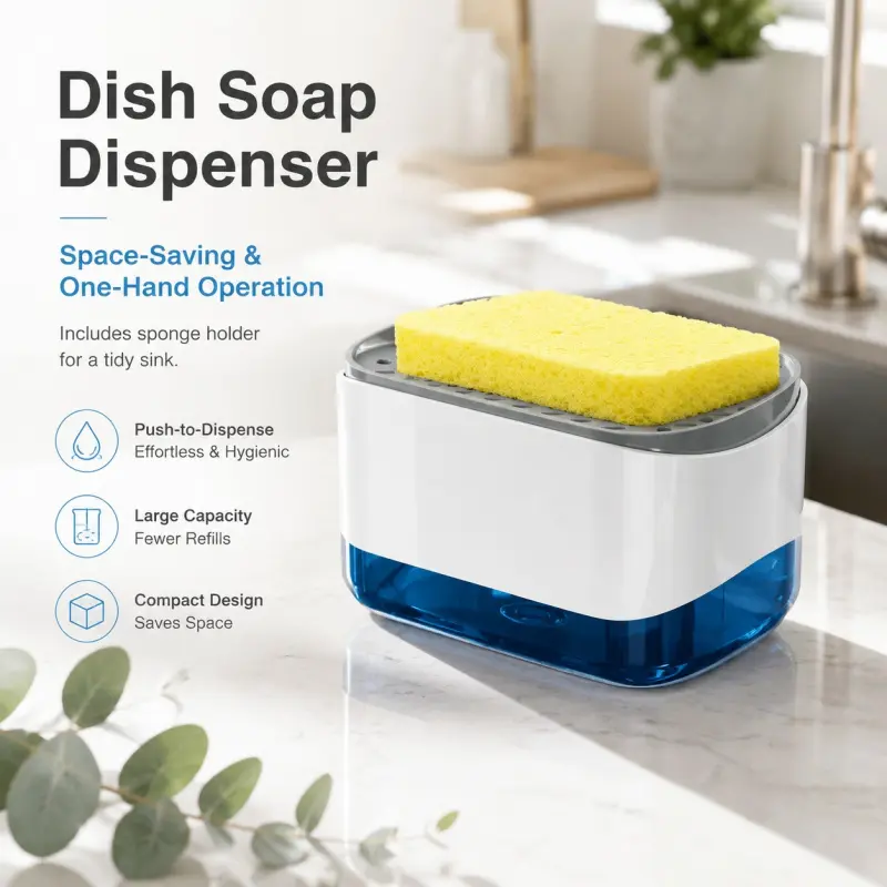 Push-Type Dish Soap Dispenser with Sponge Holder, Dishwashing Dispenser, Kitchen Liquid Pump Container for Sink Countertop