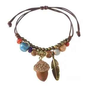 Women's Handmade Ceramic Acorn Bracelet, Boho Macrame-Woven Gemstone Wristband, 14g Healing Spiritual Costume Jewelry, 14 Grams