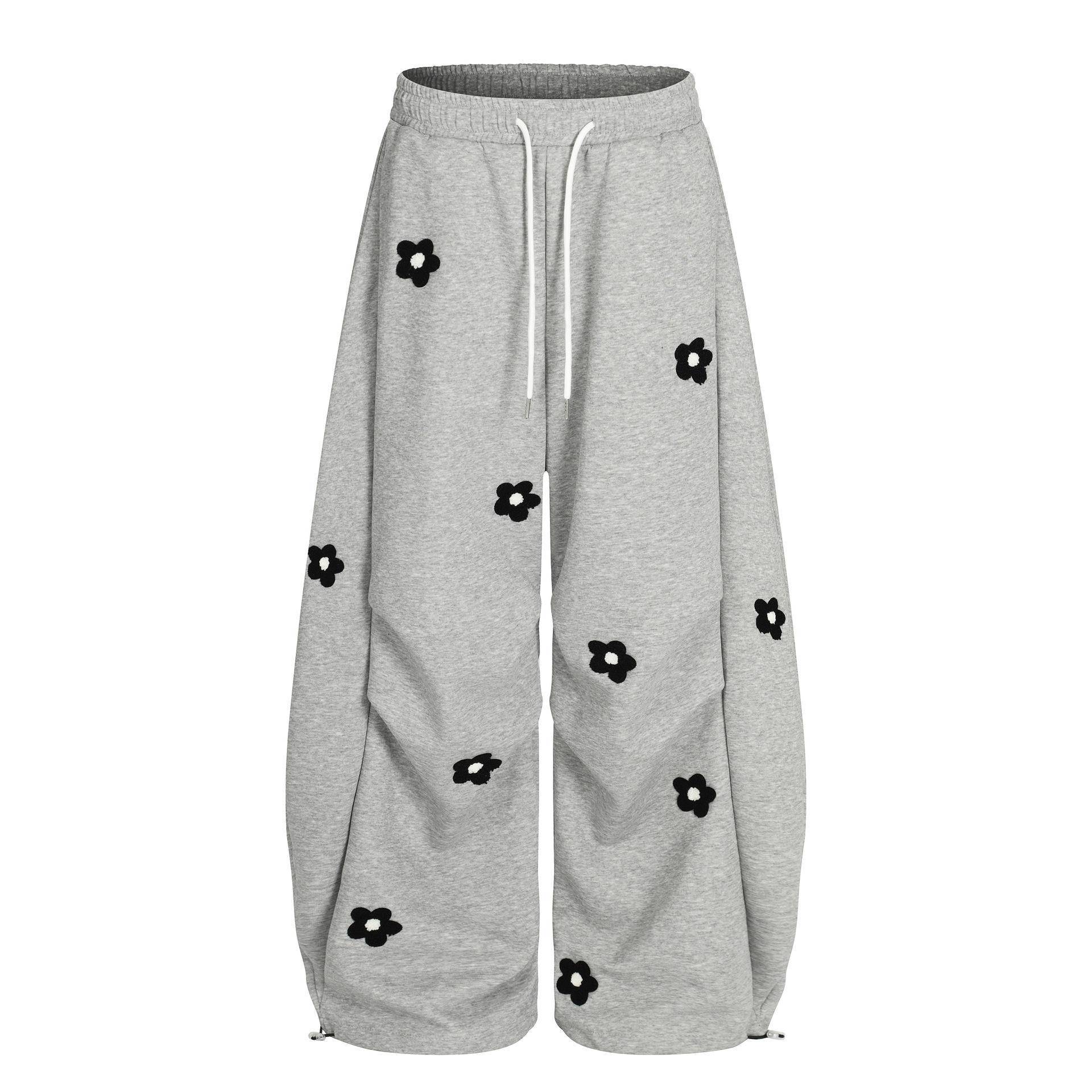 2026 Spring Collection Sweet and Cool Style Floral Embroidery Drawstring Loose Slimming Casual Sports Pants Wide-Leg Sweatpants for Women Menswear Trouser