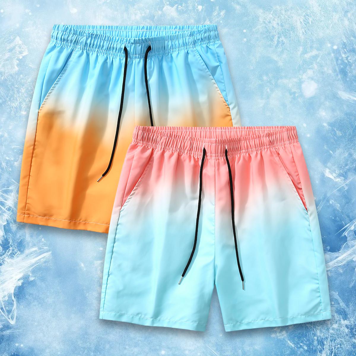 Y2K Aesthetic Men's Gradient Color Block Swim Shorts, Oversized Loose Fit Drawstring Casual Board Shorts, Quick Dry Lightweight Summer Streetwear, Trendy Ombre Print 5 Inch Swim Trunks for Skateboarding, Beach Vacation, Daily Outfit, Unisex S-XL
