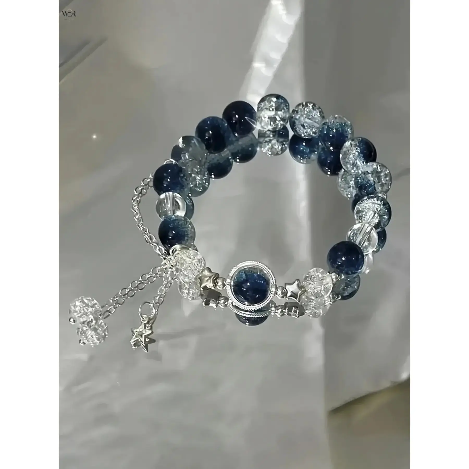 Gradient Navy Cracked Crystal Bead Bracelet 16cm Length 8mm Beads 22g, Star Charm Adjustable Silver Chain Wrist Jewelry, Dreamy Ocean Style Bracelet for Daily Wear & Friendship Gift, Adjustable Size