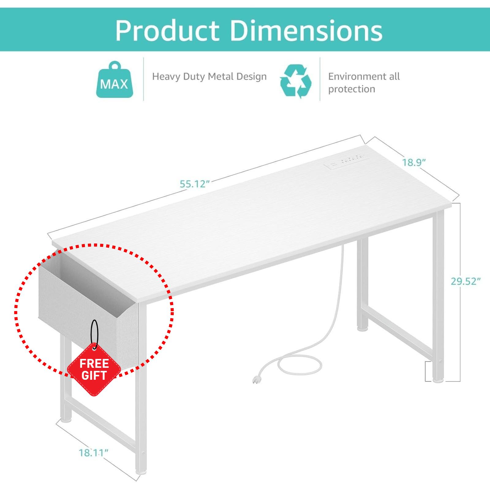Lufeiya White Computer Desk with Power Outlet, 55 inch Teen Study Table Home Office Work Writing Gaming Desks with Charging Station Outlets Built in, White, Get Free Gift