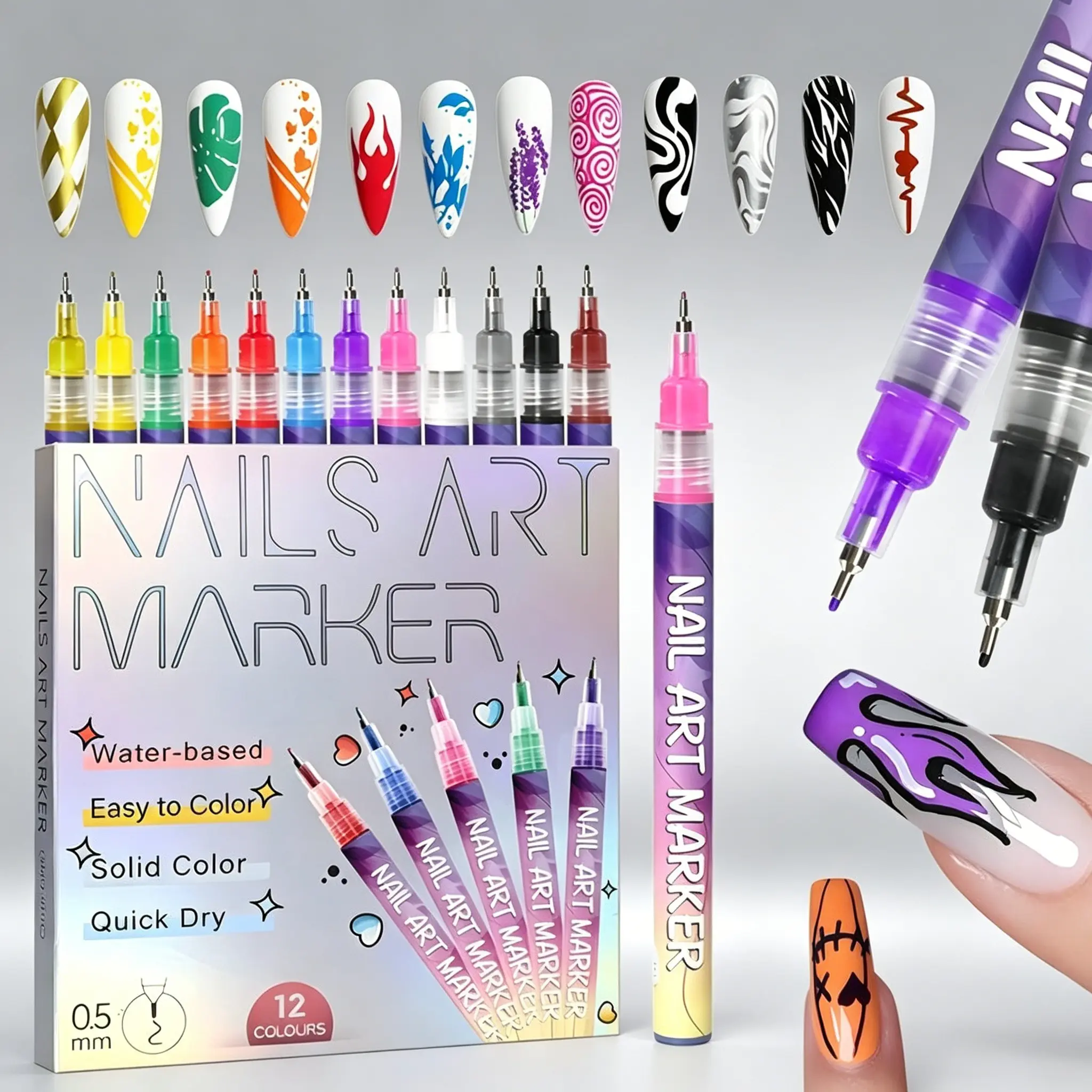 12 Color Nail Marker Pens, 0.5mm Metal Tip, Quick-Dry Water-Based, Ideal for DIY Crazy Nail Art, Perfect for Graffiti Lines, Easy to Use