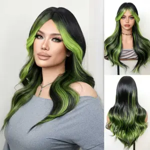 26 Inch Black Base With Lime Yellow-Green Face Framing Highlights Loose Big Wave Layer Wig With Middle Part, Glueless Heat Resistant Synthetic Wig for Women Daily Party Street Photoshoot Outfit