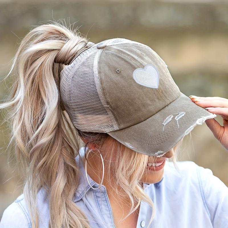Women's Baseball Cap with Ponytail Hole - Distressed Heart Embroidery, Breathable Mesh Brim, Comfortable for Daily Wear & Outdoor Sports