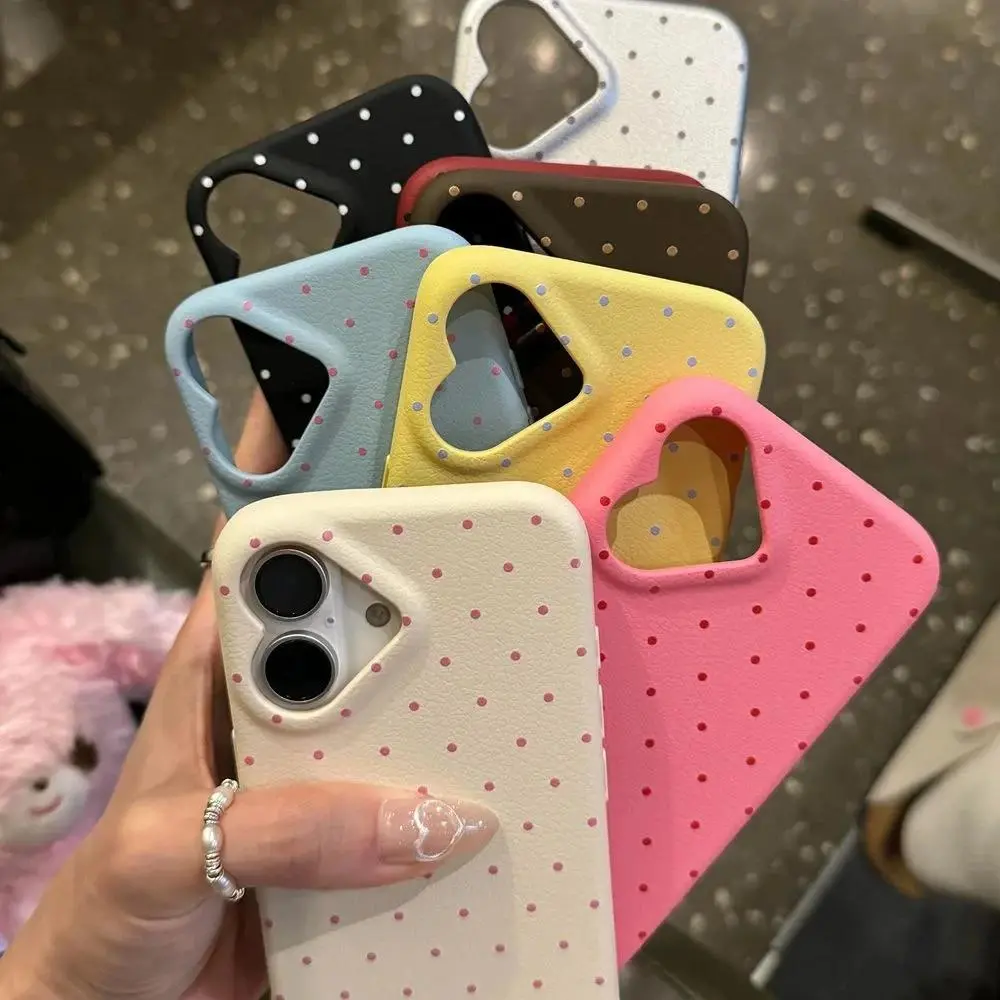 Korean Cute Love Heart Shape Camera Dots Leather Case For iPhone 17 Air 16 Pro 15 14 13 12 Pro Max Japan Kawaii Girl Soft Cover Red