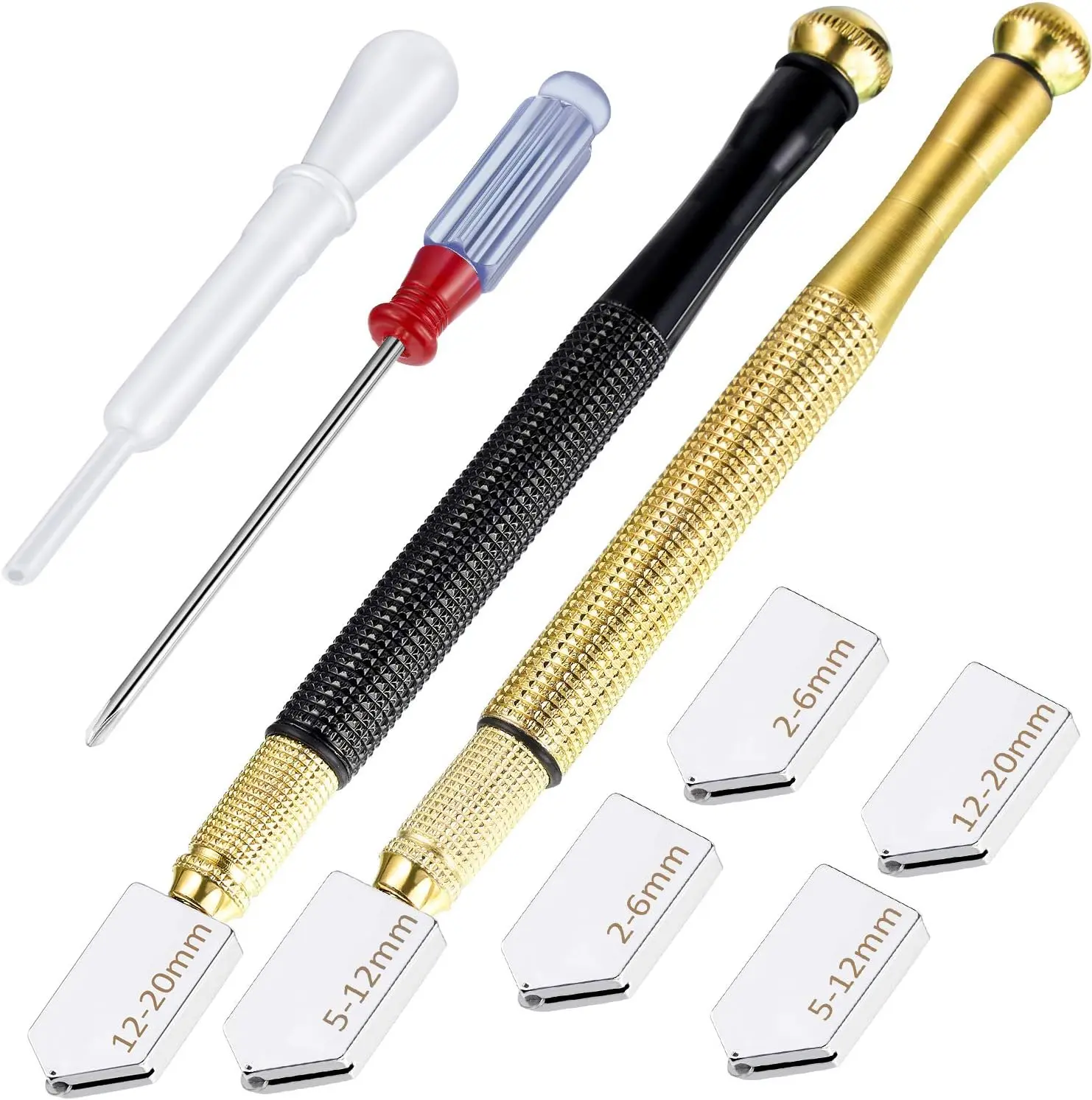 9 Pcs Glass Cutter Tool Mirror Cutting Tool with 2-6 Mm, 5-12 Mm, 12-20 mm Glass Cutter Head and Screwdriver Oil Dropper Glove for Tiles Mirror