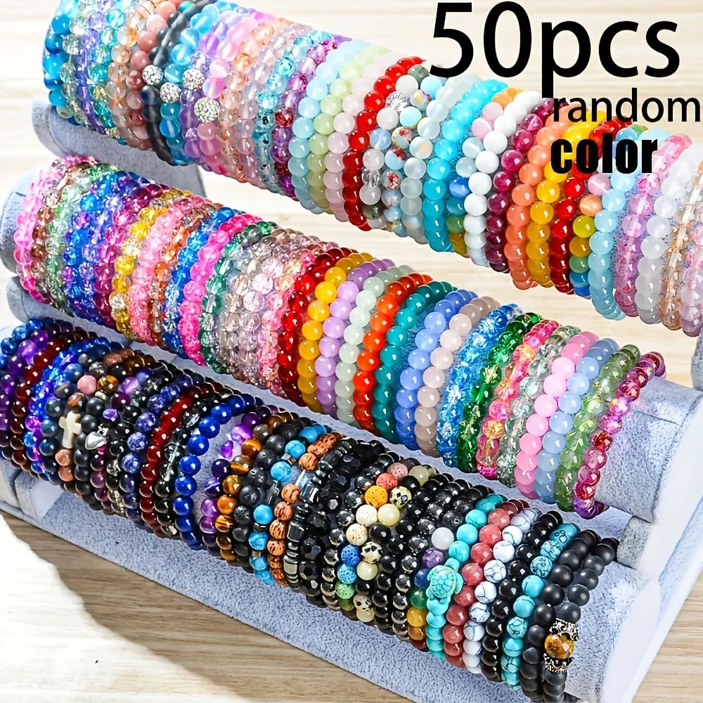 50pcs Random Color Combined Glass Bead Bracelets, Glass Bracelets, Pai Bracelets