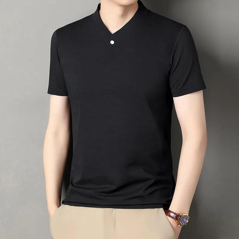 Kyn Apparel 2026 Korean Style Men's Casual and Fashionable One Button V-neck Solid Color Short Sleeved T-shirt Summer Versatile Top