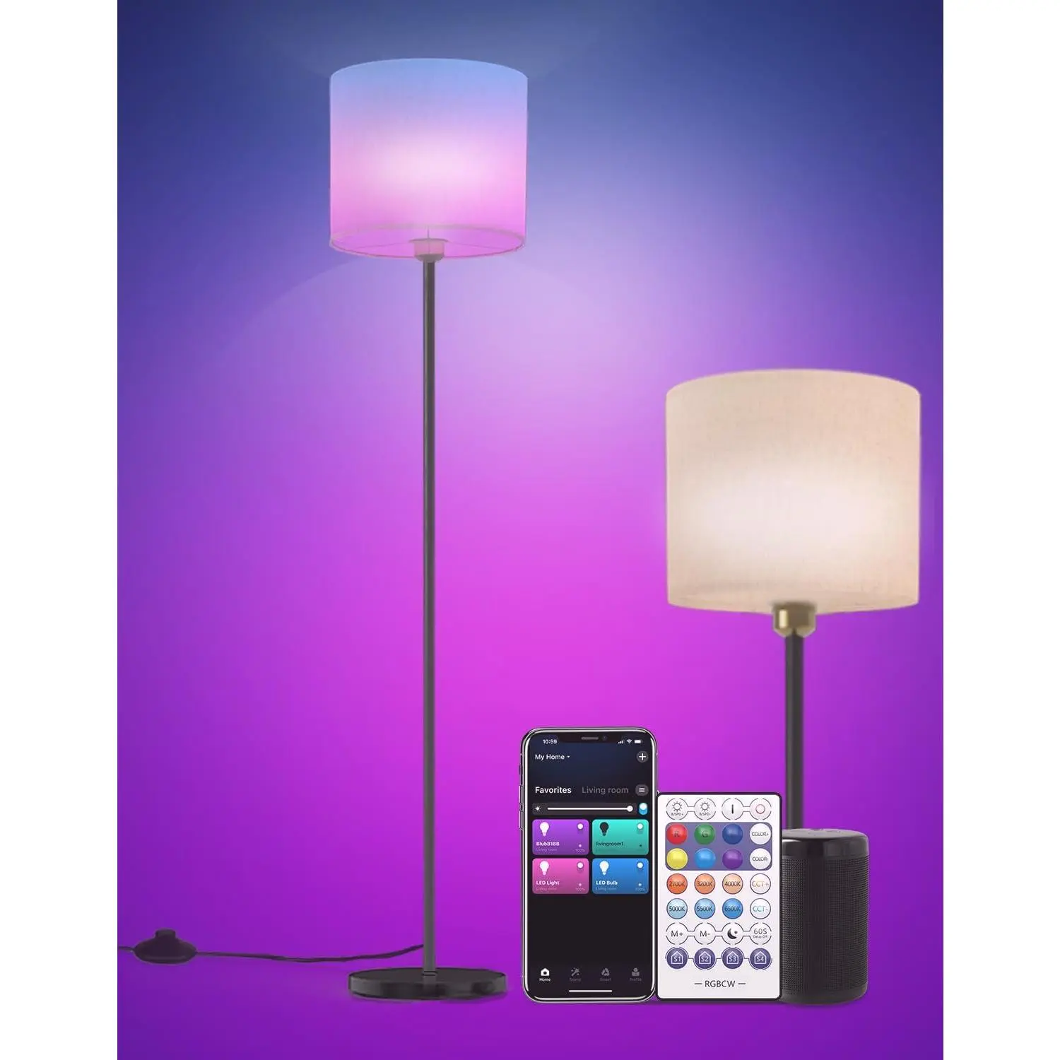 Floor lamp for Living Room Works with Alexa & Google, White Linen Lamp Shade LED Bright Tall Standing Smart Floor Lamp with Remote for Bedroom Office, Modern Color Changing Dimmable WiFi Light.