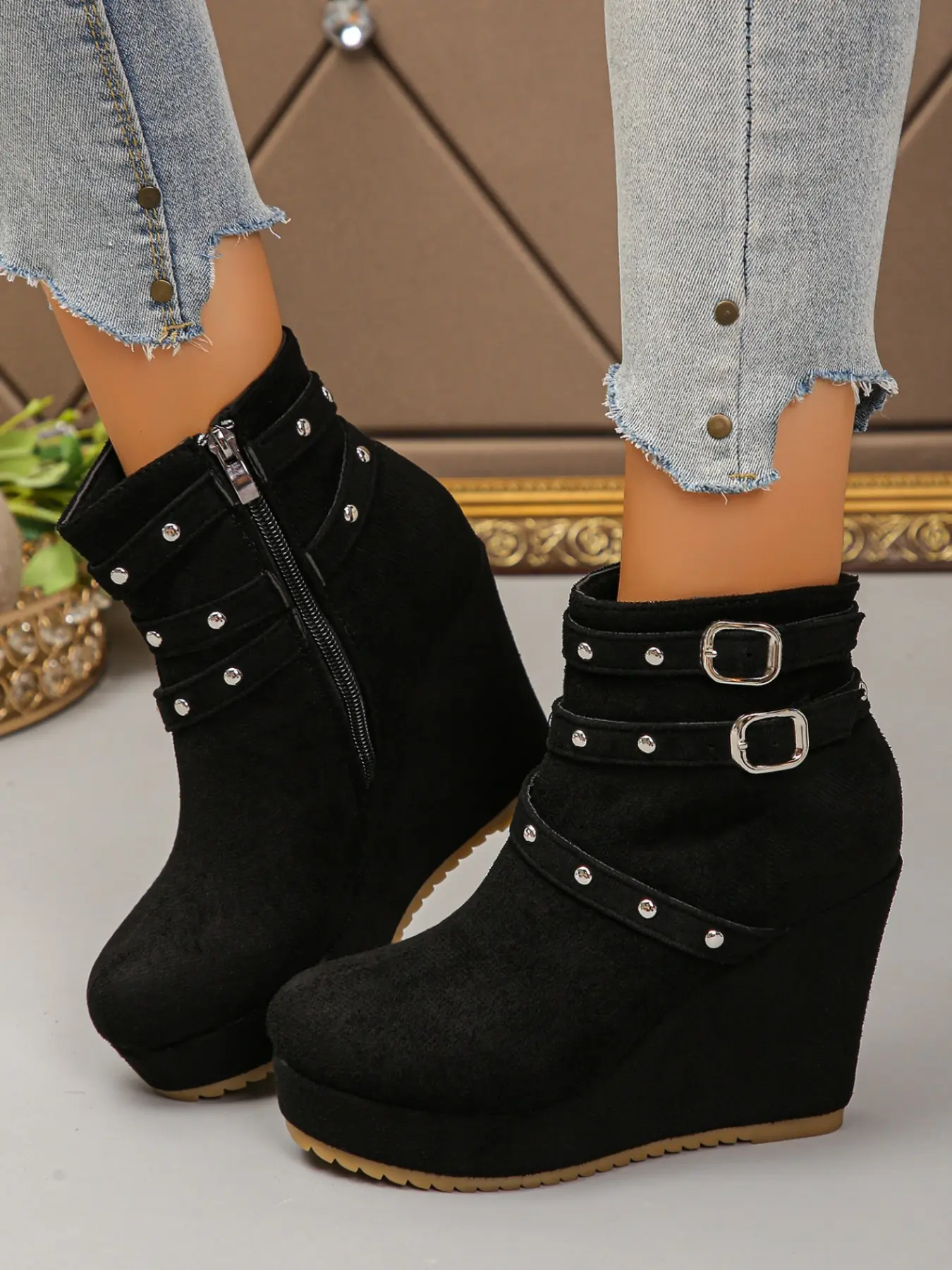Inner Heel Wedge Short Boots, Waterproof Platform Bare Boot, Side Zip Anklet Boot, Korean Casual, Sweet Style, Height Boost for Small Stature
