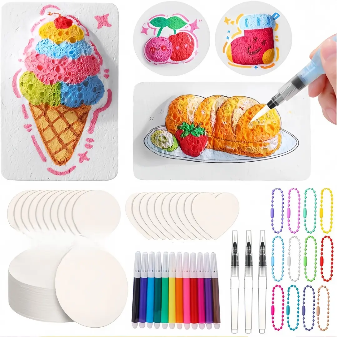55pcs 3D Puffy Painting Craft Kit, Art Kits for Kids, DIY Bubble Texture Art Set with Round Heart Blank Boards Watercolor Pens Water Brushes, Make Your Own Keychain Backpack Pendant, Parent‑Child Art Toy for Boys Girls Party & Classroom Activities