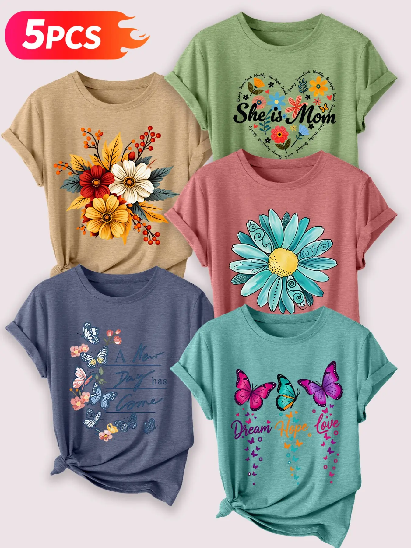 5Pcs Women Crew Neck T-Shirt, Warm Mother's Day Floral Butterfly Text Print, Multi-color Washable Spring Summer Top, Soft Skin-friendly Fabric Daily Versatile Fashion Design