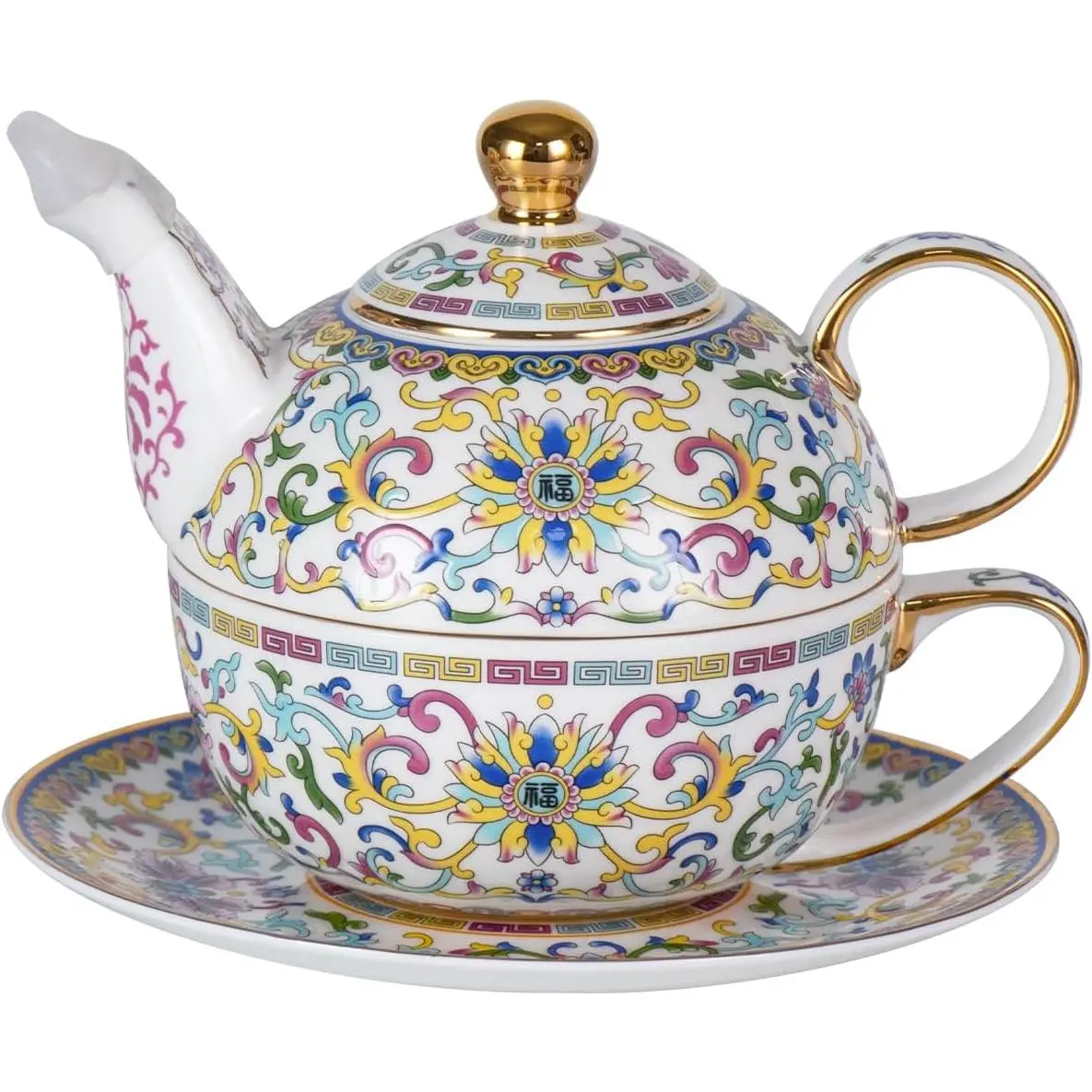Stylish Retro Ceramic Porcelain Teapot & Stackable Cup Set with Golden Trim, White, for Beverage, Coffee & Cappuccino, Ideal for Afternoon Use & Gifting (Adorned with Flowers)