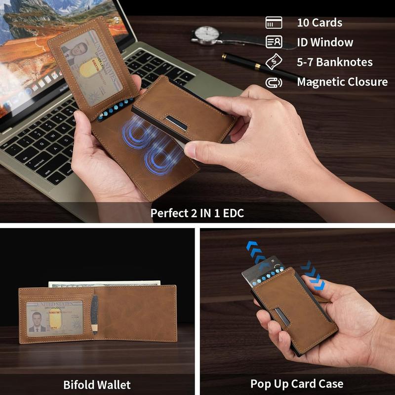 Airtag Wallet for Men, 2 in 1 Detachable MagSafe Minimalist Wallet,  Pop Up Card Holder, RFID Blocking  Bifold Wallets for 10 Cards &  with ID Window, Mens , Brown