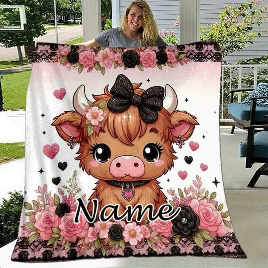 Customized High-Altitude Cow Fleece Blanket - Can Be Printed With Names/Words, In A Pink And Black Scottish Denim Pattern, Soft And Lightweight, Suitable For All Seasons, Suitable For Sofas, Beds Or As A Gift
