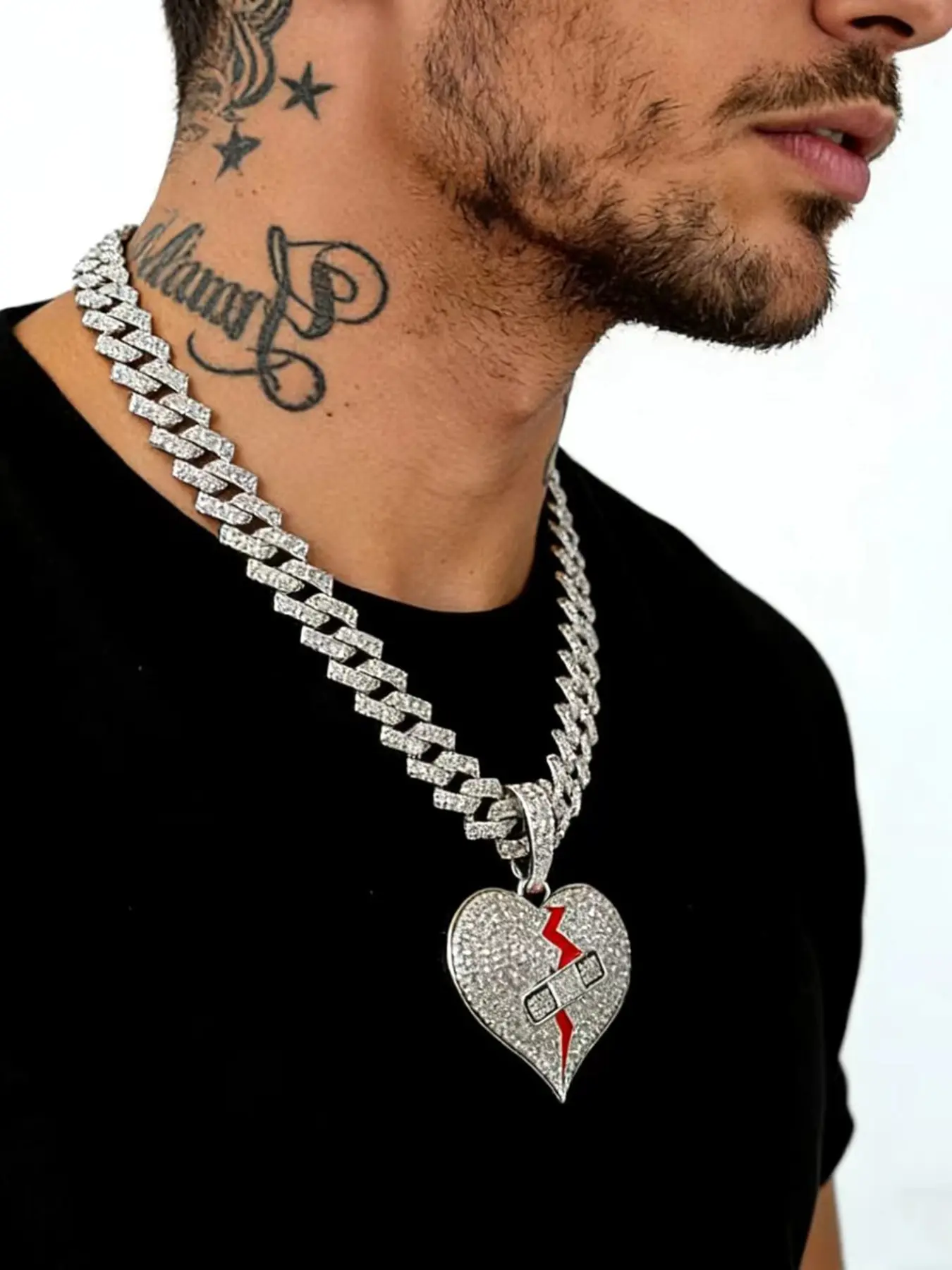 Men's Iced Out Broken Heart Bandage Bling Pendant, Cuban Link Chain Necklace, Hip Hop Cz Diamond Rapper Streetwear Jewelry, All Seasons, Fashion Necklace