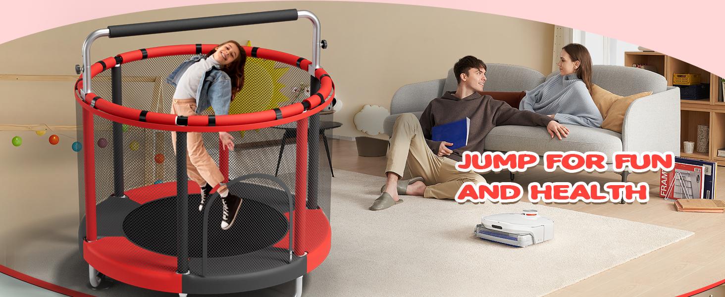 AGS 55" Trampoline for Kids with Enclosure, 440lbs Capacity Indoor & Outdoor Toddler Trampoline with Adjustable Gymnastics Bar & Toys, for Boys & Girls