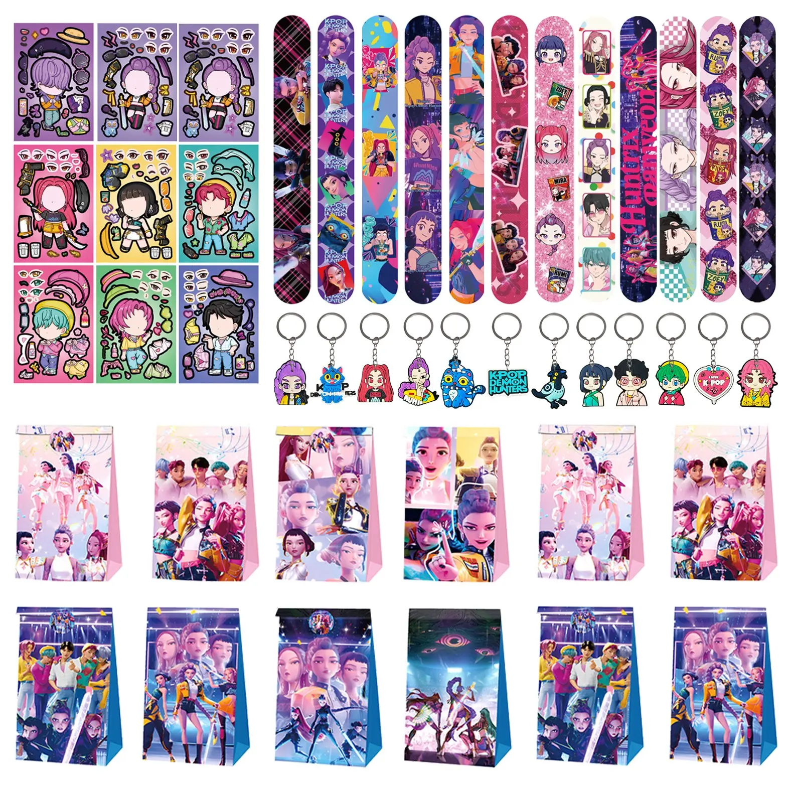 4 sets of Korean cartoon girl group party gift packs, perfect for Birthday Party Favors, including 12 cartoon keychains, 12 cartoon bracelets, 12 cartoon gift bags, and 9 cartoon sticker sheets. The best choice for parties to make them feel special.