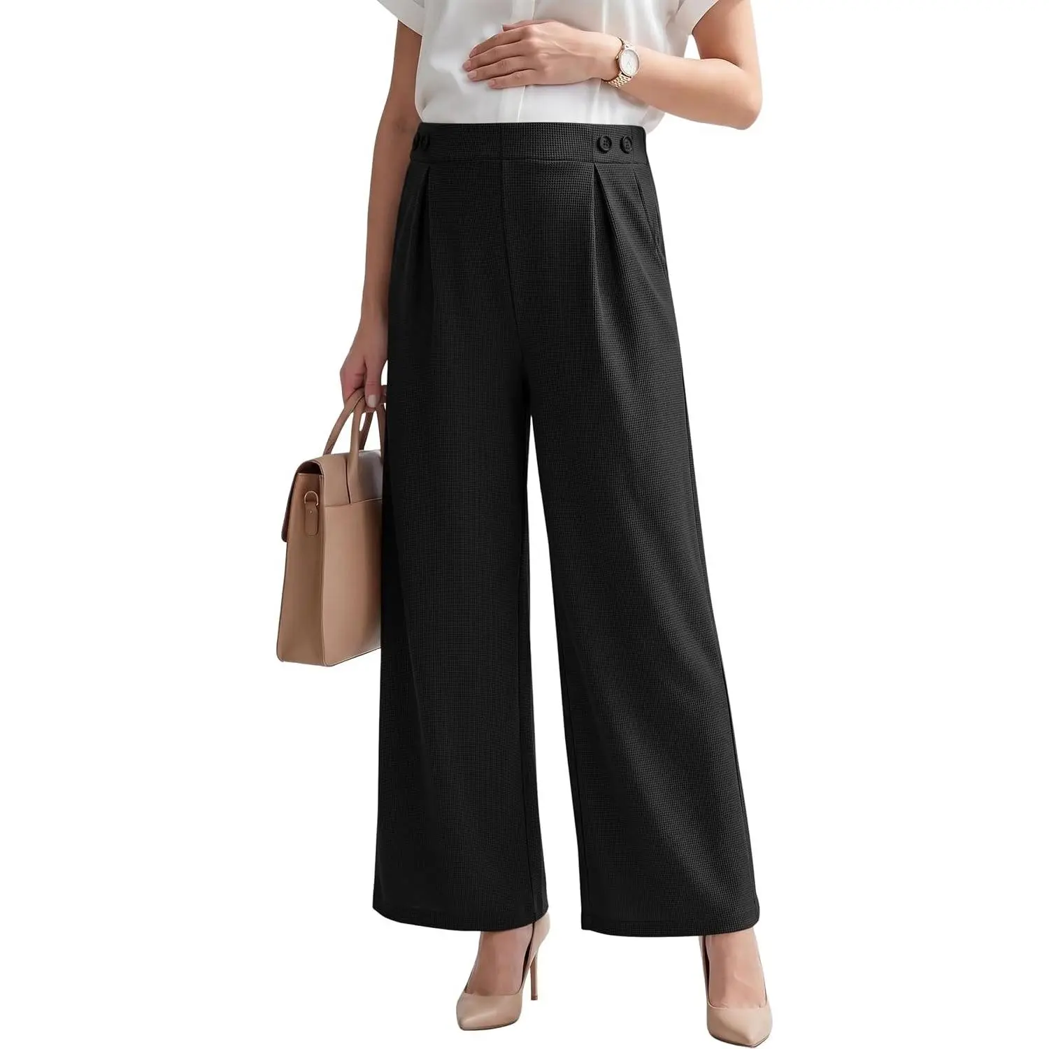 Maternity Work Pants Waffle Knit Wide Leg Pregnancy Trousers | Fall Maternity Outfits Elastic High Wiasted Business Casual Pants with Side Buttons for Pregnancy Office & Daily Casual Wear