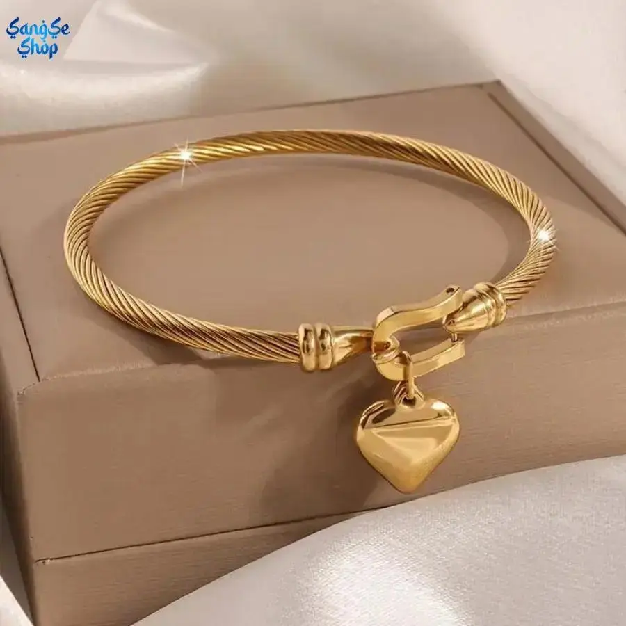 18K Gold-Tone Stainless Steel Heart Bangle Bracelet - Minimalist Durable Cuff for Women, Trendy Charm Pendant Bag Accessory, Elegant Daily Wear, Anniversary Gift