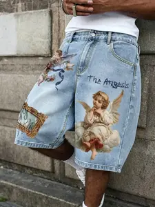 Men's Vintage Angel Print Loose Jeans Shorts, Summer Trendy Five-Quarter Pants, Fashion Versatile Casual Wear, Comfortable and Stylish