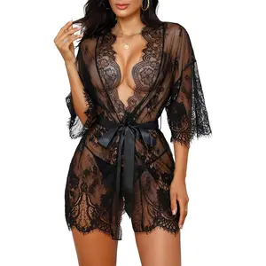 Goddess wardrobe Rigeri Sexy Lingerie for Women Lace Kimono Robe Mesh Chemise Nightgown Lace Robe XS-3XL