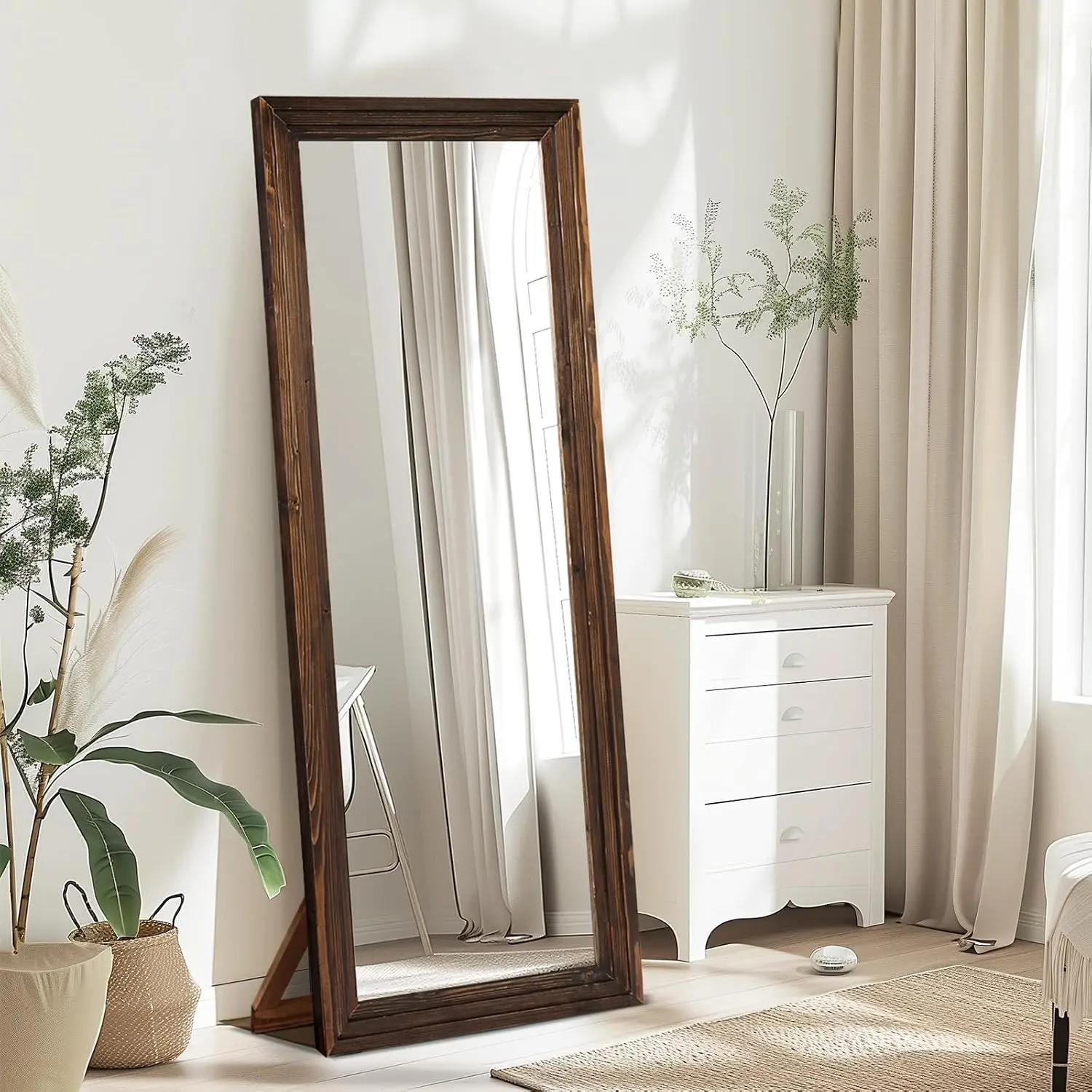 65"x22" Full Length Mirror Solid  Frame Floor Mirror with Stand for Living Room, Bedroom  Standing or Leaning, Brown