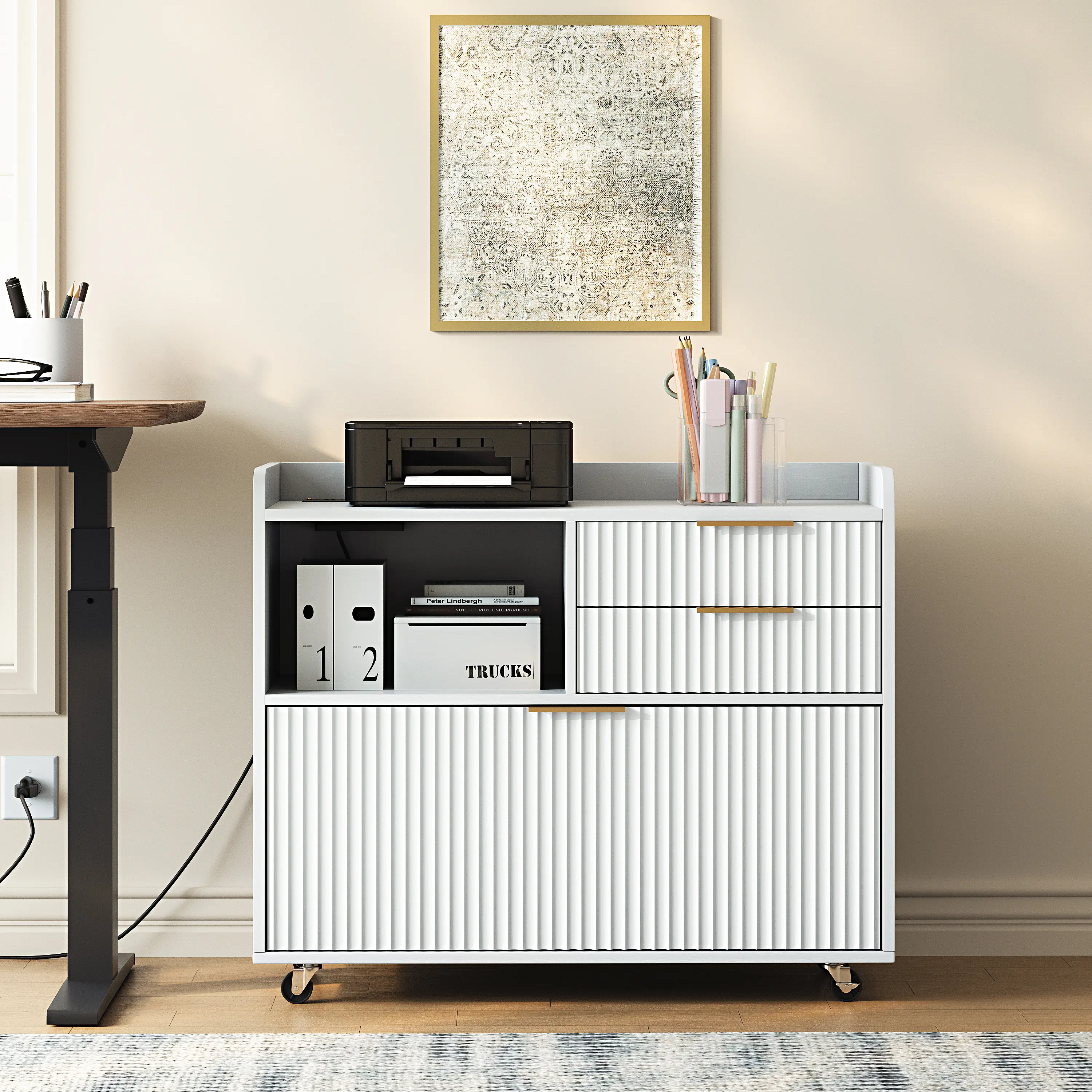 Nokaa Mobile File Cabinet with Charging Station, 3-Drawer Rolling Office Storage Cabinet with Open Compartment, Locking Casters, White Particle Board, for Home Office Desk Organization