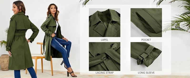 Imily Bela Women's Double Breasted Long Trench Coat Windproof Classic Lapel Slim Overcoat with Belt