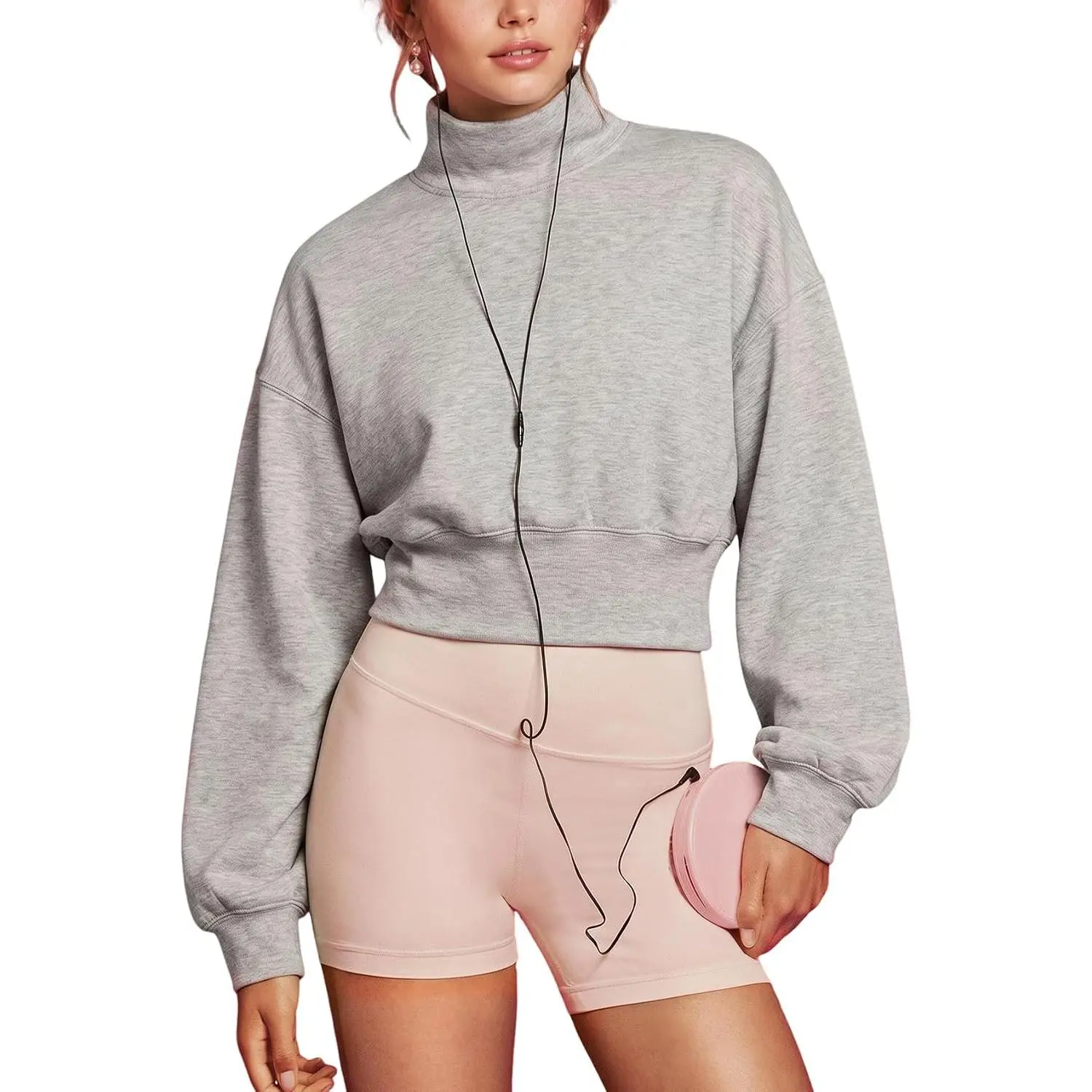 Wyeysyt Women's Mock Neck Cropped Sweatshirt Modal Soft Oversized Top |   Modal,Brushed Fleece,Crop Top, Soft, Lantern Sleeve, Athletic,Yoga Sweatshirt,Workout,Oversized, Loose Fit,Fall Outfits