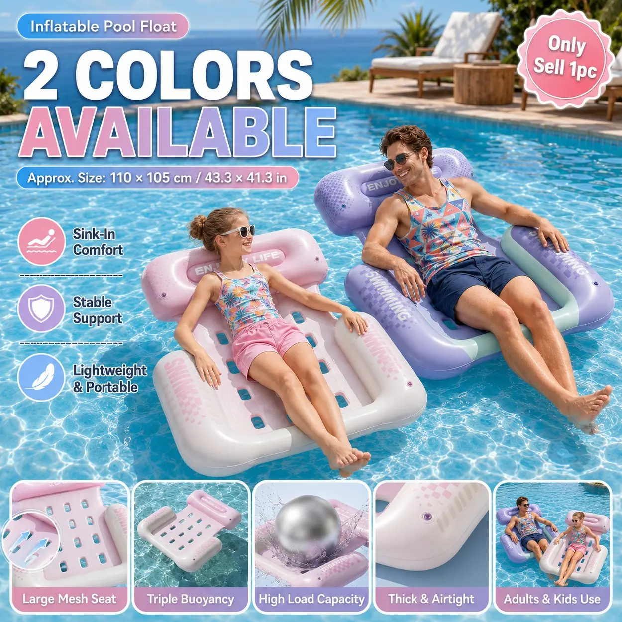 43.3In Inflatable Floating Bed for Adults, 3-Tube PVC Water Lounger with Breathable Air Hole Surface, Portable Foldable Inflatable Pool Floats for Outdoor Swimming, Beach Lake and River, Comfortable Summer Floating Chair for Relaxation and Sunbathing