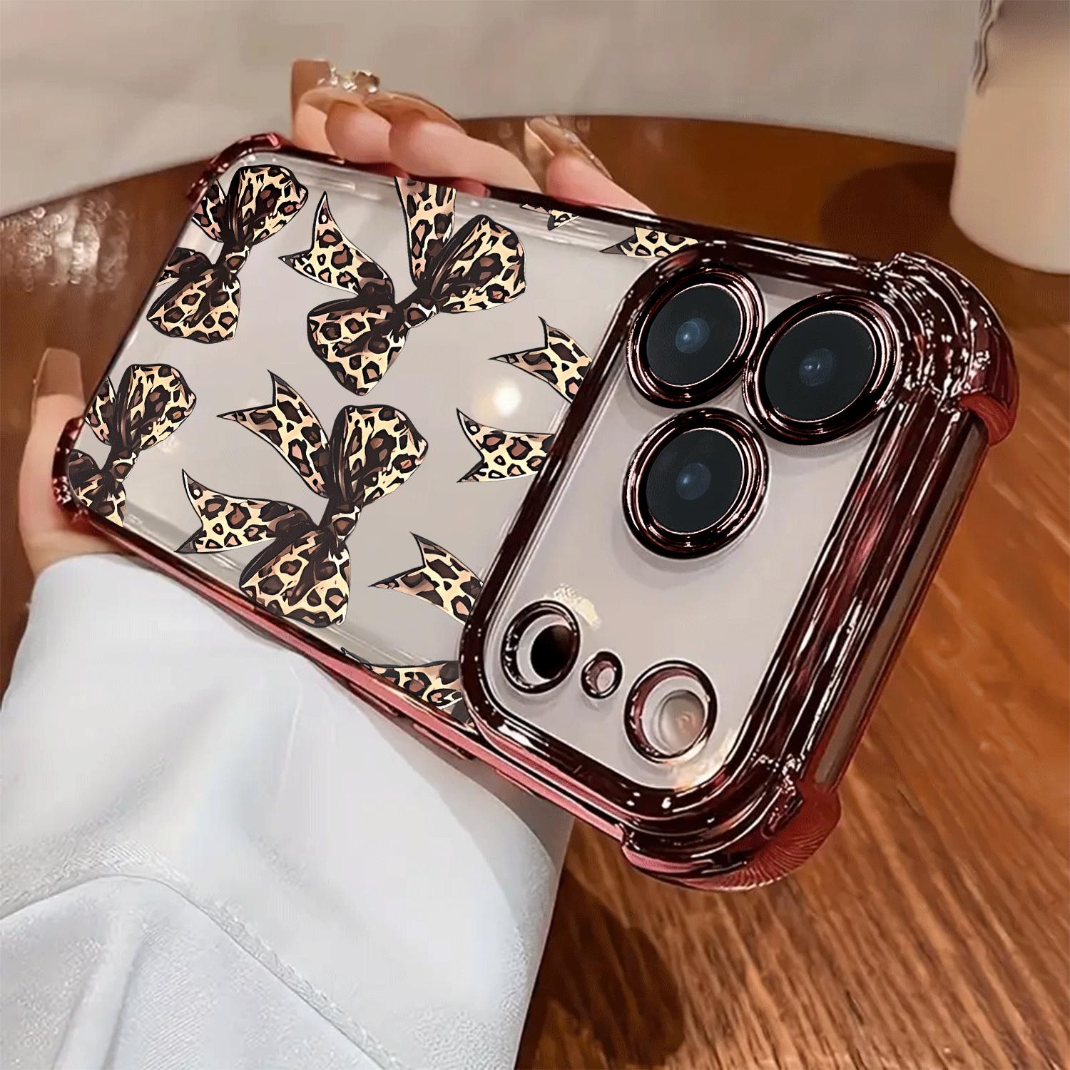 Creative Leopard Print Bow Pattern Four-corner Thickened Mobile Phone Case for iPhone 17 Air 16 15 14 13 12 11 Pro Max Plus border Electroplating with counter-fall Safety Cushion 2D printing Cellphone Smartphone