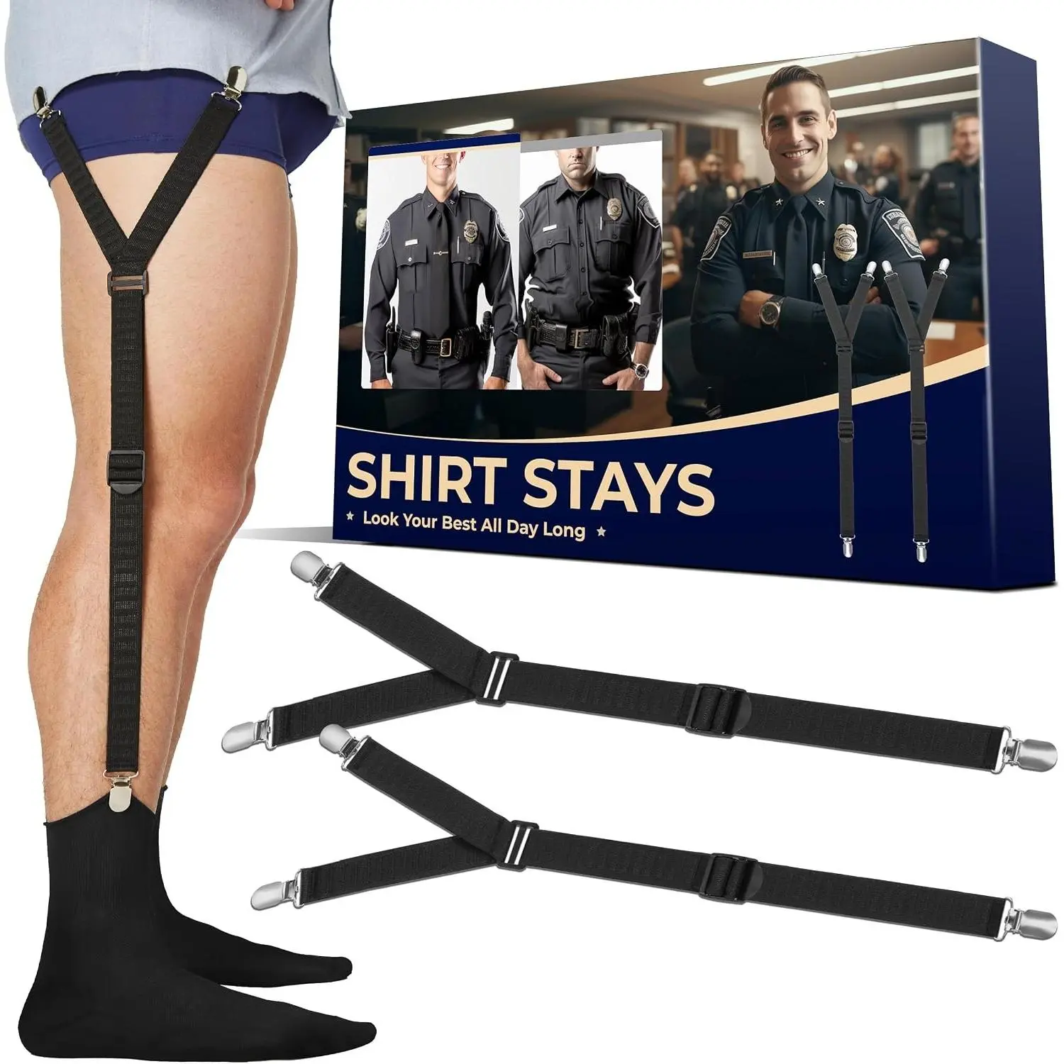 Adjustable Shirt Stays with Non-Slip Clips - Soft Smooth Elastic Sock Garters for Military & Professional Wear