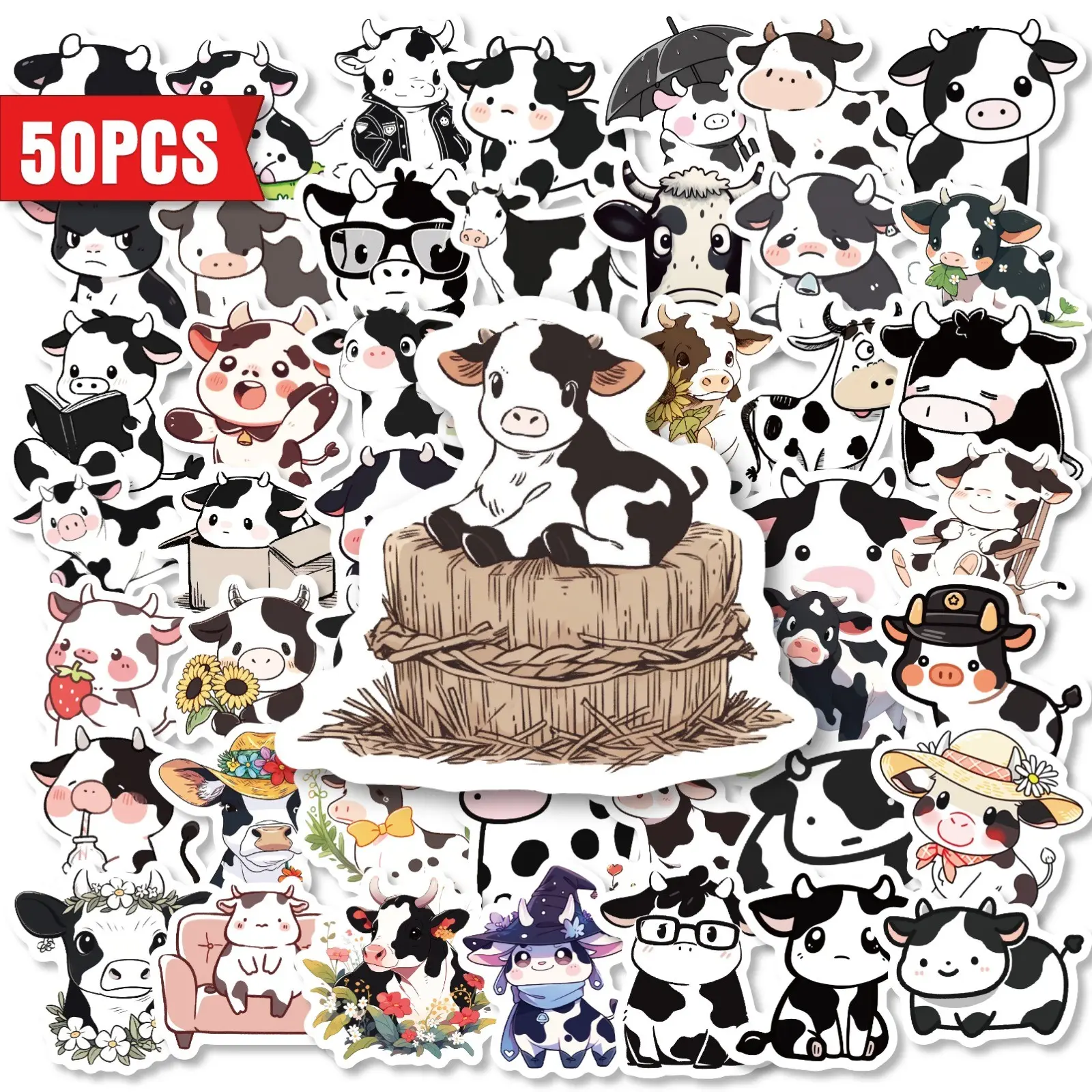 50pcs Cartoon DIY Cute Cow Graffiti PP Stickers, Decorate Water Bottle Skateboard Laptop Mug Suitcase, Gift Packaging Seal Stickers, Aesthetic Stickers, Decorative Sticker
