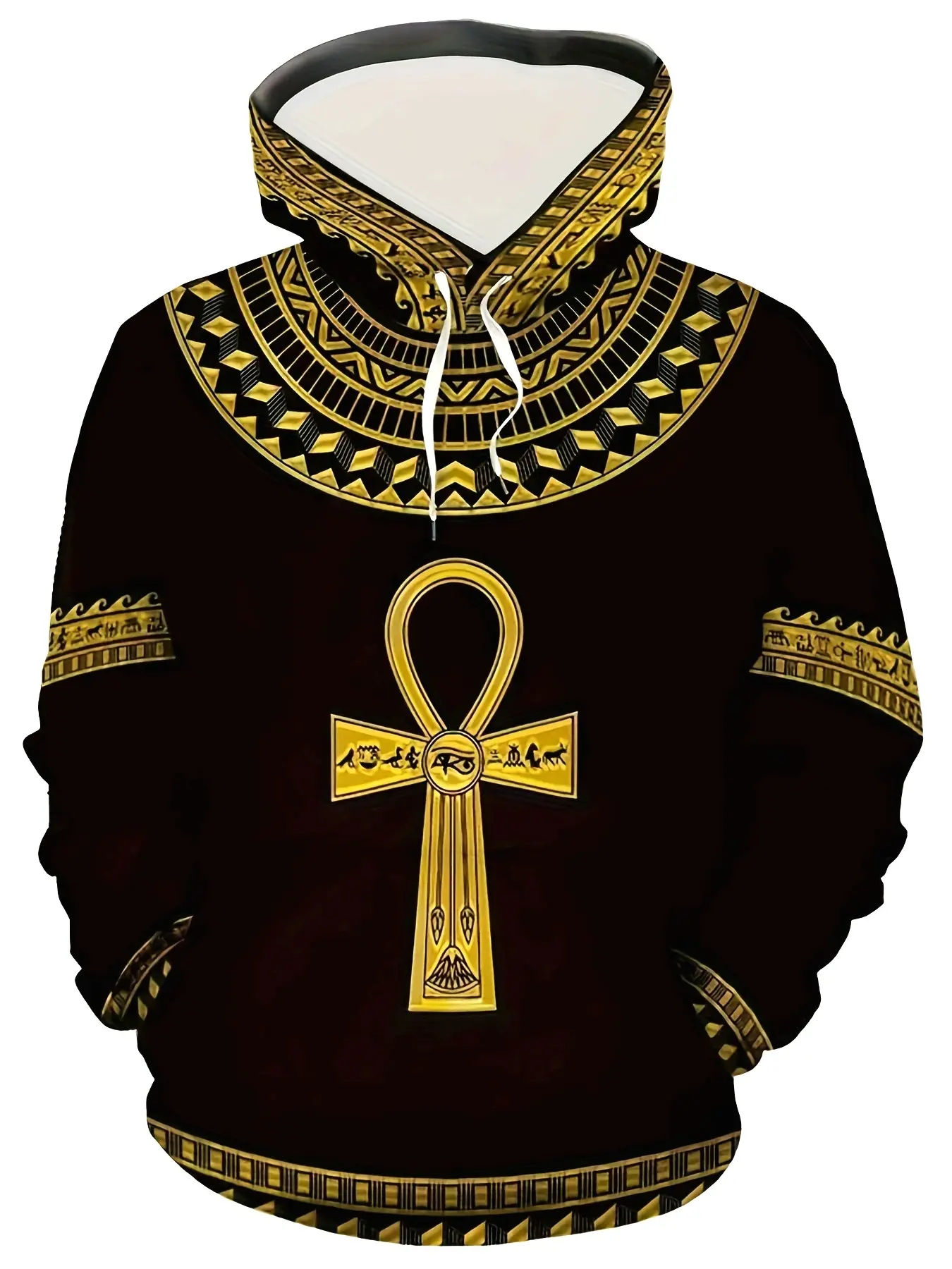 Egyptian Ethnic Style Ankh And Geometric Print Men'S Hoodie With Drawstring And Kangaroo Pocket, Hooded Sweatshirt For Spring/Fall