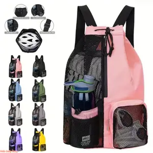 Mesh Drawstring Beach Backpack with Wet-Dry Compartment, Lightweight Beach Bag for Pool Days & Travel, Large-Capacity Sports Sackpack for Women Summer Vacation Essentials